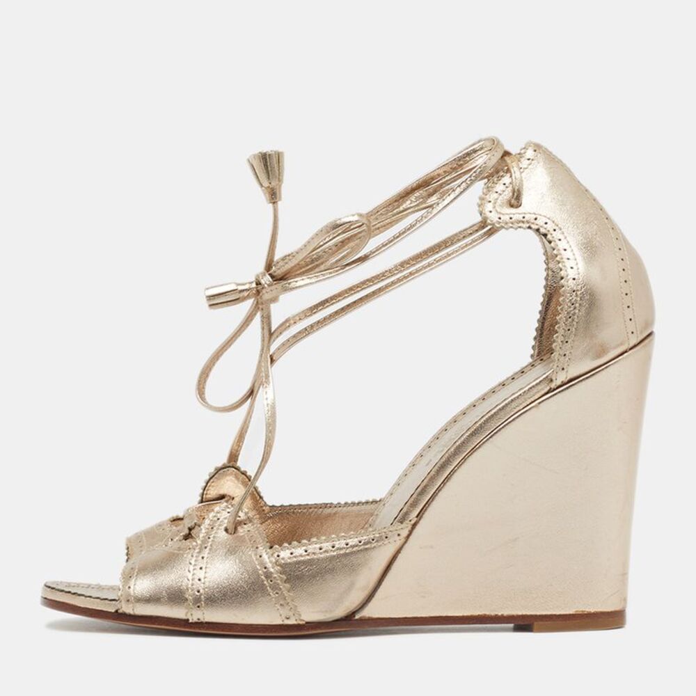 HermÈS Size 39.5 Gold Leather Wedge Sandals